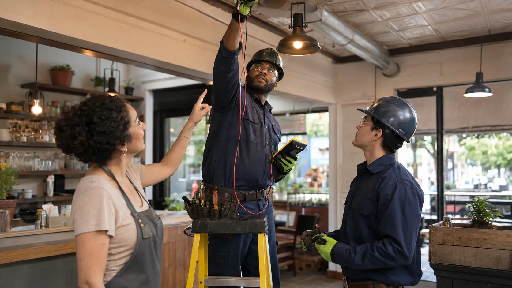 An independent electrician and apprentice working with a local business owner