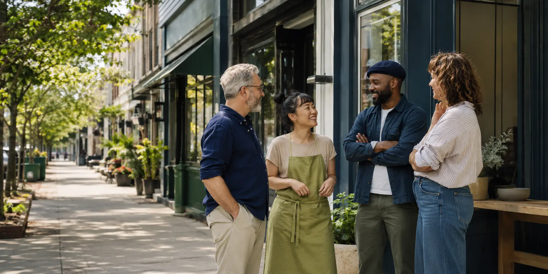 A diverse group of independent neighborhood business owners outside local storefronts