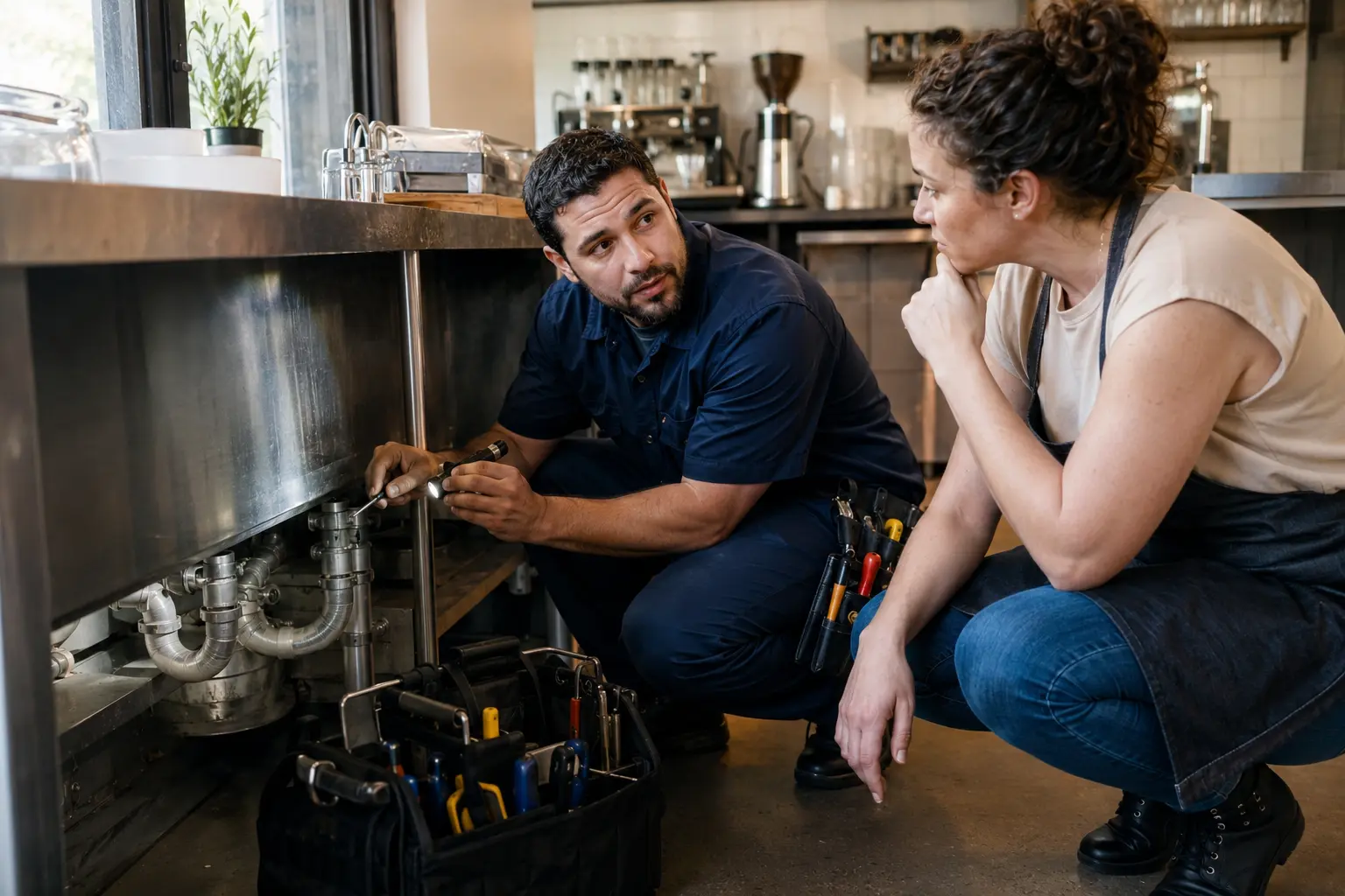 An independent plumber discussing a repair with a local restaurant owner