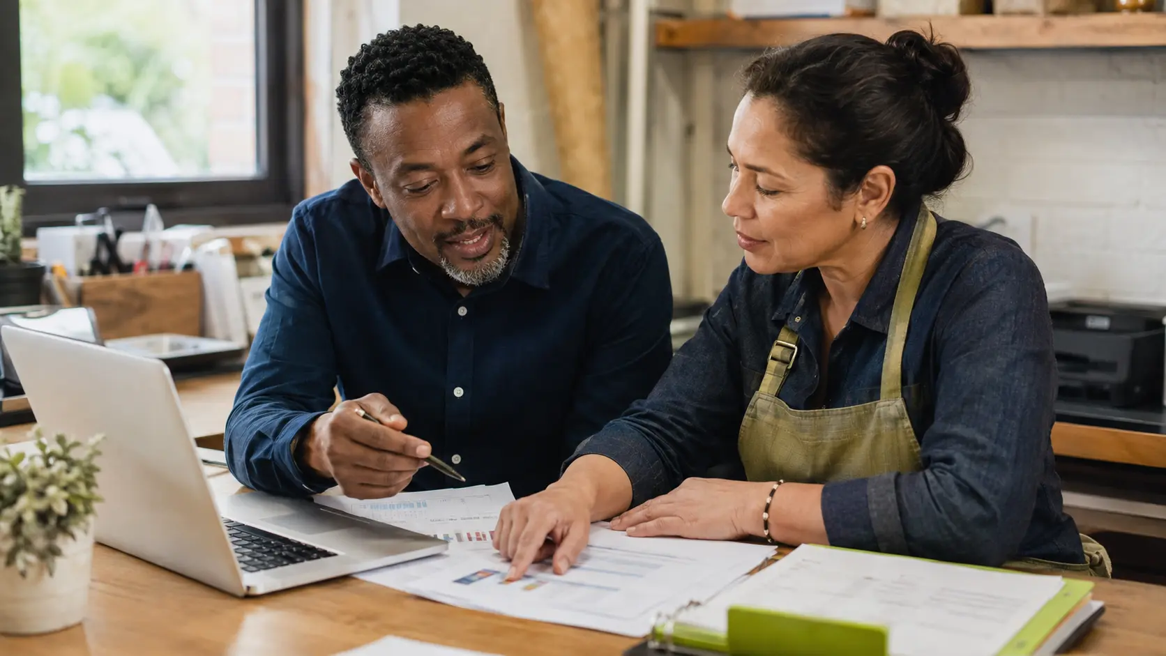 A local business advisor reviewing plans with an independent shop owner